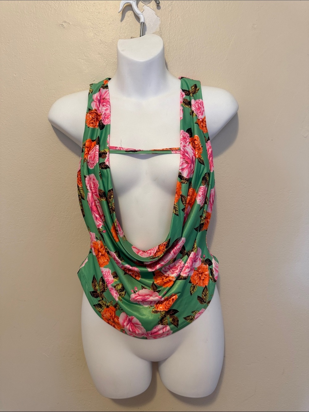 AFRM Green Floral Draped Cowl Neck Bodysuit